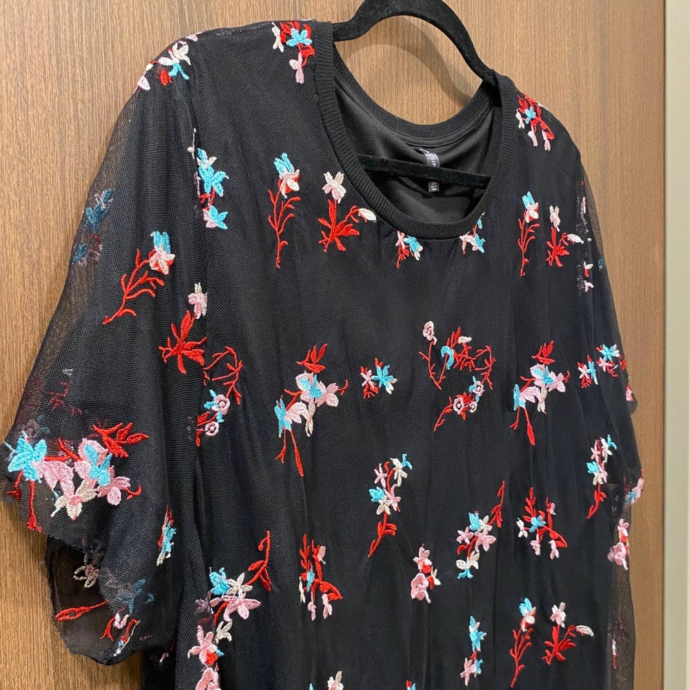 MASSINI Womens Black Mesh Embroidered Floral Short Sleeve Top Size 3X Holiday - Picture 5 of 10